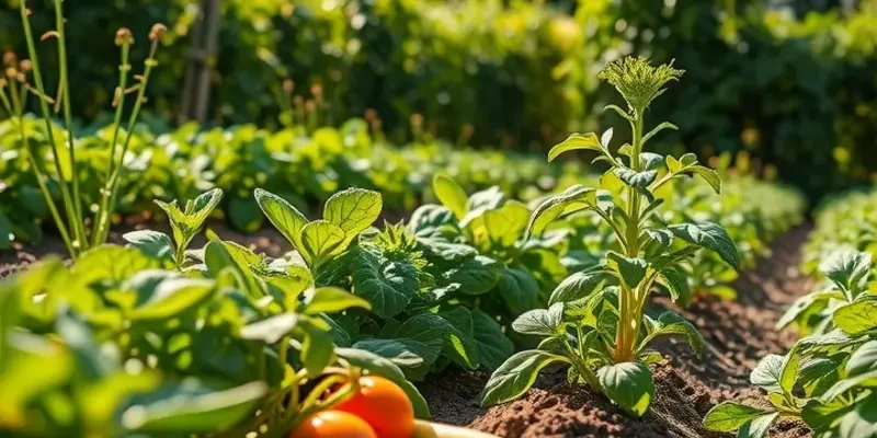 Photorealistic scenic landscape of a sunlit field with vibrant vegetables and fruits, highlighting organic produce.