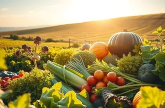 A sunlit field with vibrant vegetables and fruits among greenery, representing healthy nutrition.