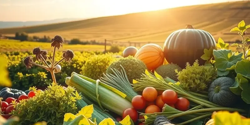 A sunlit field with vibrant vegetables and fruits among greenery, representing healthy nutrition.