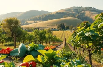 Lush, sunlit field filled with healthy fruits and vegetables, representing nutrition.