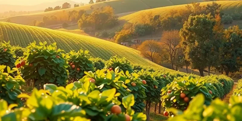 A vibrant landscape filled with fresh fruits and vegetables symbolizing the abundance of a whole-food plant-based diet.