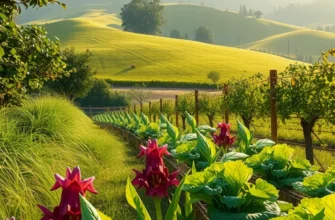 A picturesque landscape showcasing abundant organic vegetables and fruits in a sunlit field.