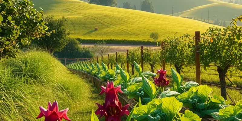 A picturesque landscape showcasing abundant organic vegetables and fruits in a sunlit field.
