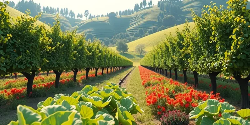 A lush orchard under soft sunlight, illustrating the organic and healthy nature of figs.