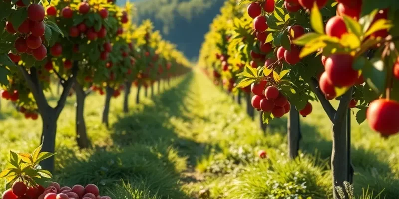 A sunlit landscape showcasing an organic field of cranberries, emphasizing healthy produce.