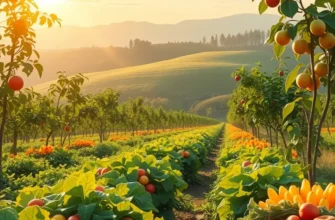 A scenic orchard with vibrant fruits and vegetables reflecting the theme of global culinary festivals.