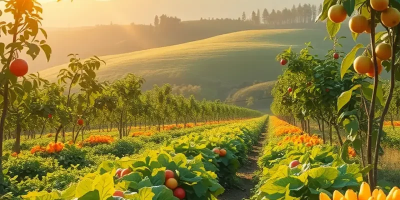A scenic orchard with vibrant fruits and vegetables reflecting the theme of global culinary festivals.