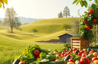 A scenic landscape with an abundance of organic produce bathed in sunlight.