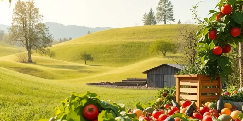 A scenic landscape with an abundance of organic produce bathed in sunlight.