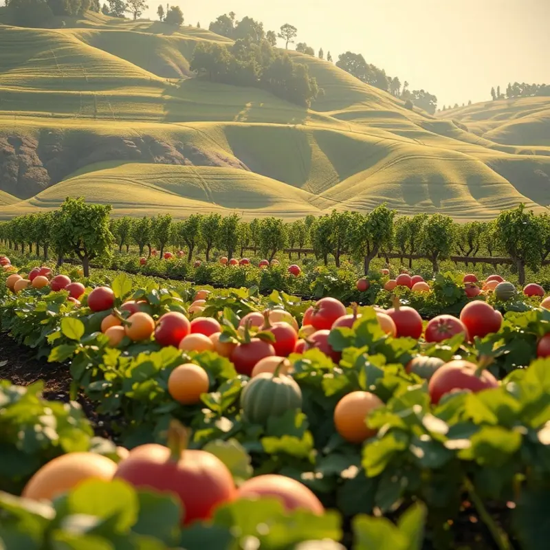 A picturesque sunlit field abundant with vibrant fruits and vegetables indicative of African produce.