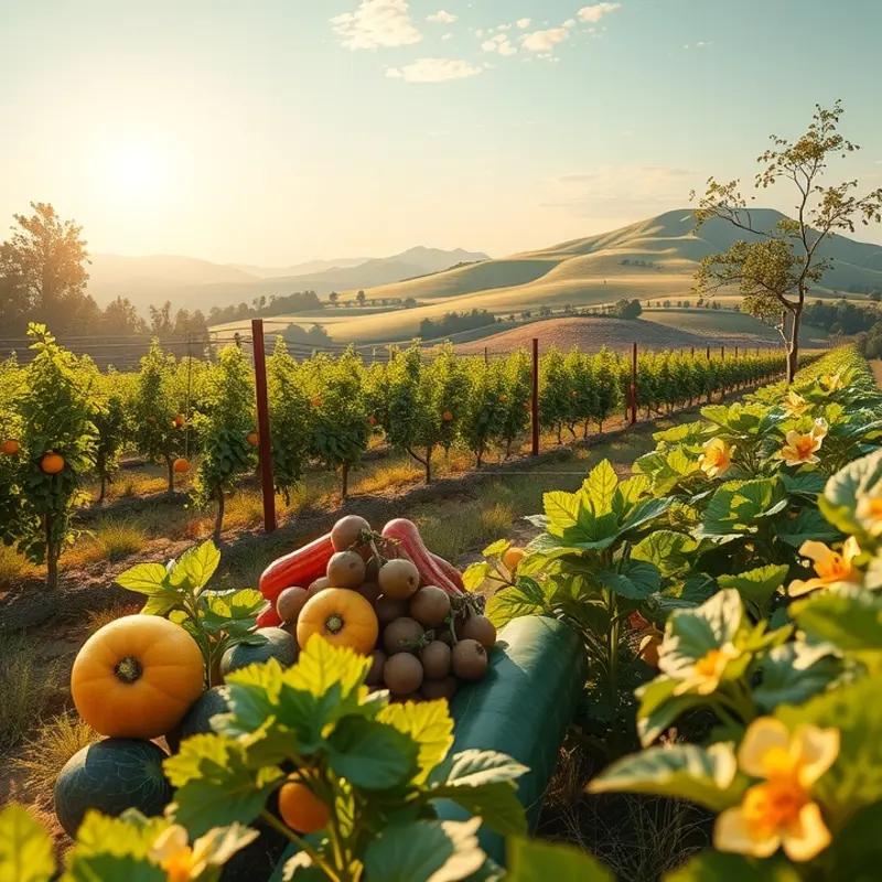 A vibrant sunlit orchard showcasing abundant organic produce.