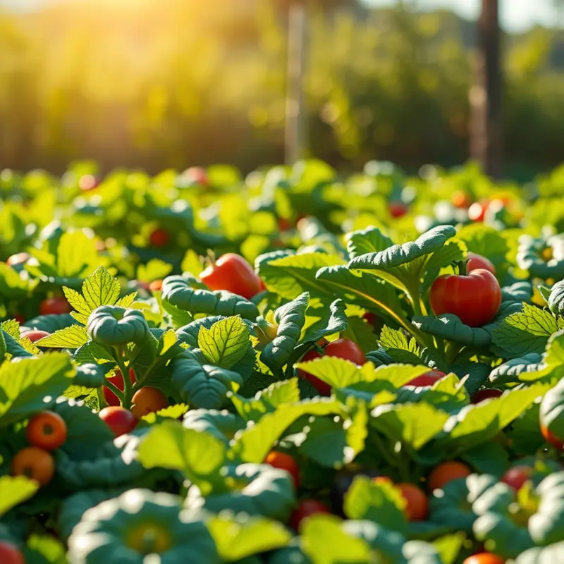 A sunlit field showcasing organic vegetables and fruits, perfect for healthy cooking.