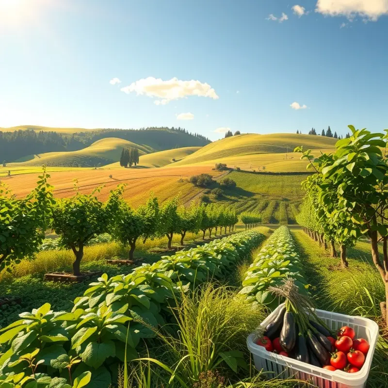 A serene landscape showcasing lush greenery and vibrant organic produce.