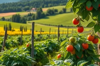 A picturesque sunlit field abundant with organic fruits and vegetables.