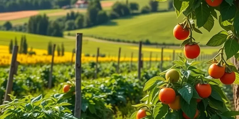 A picturesque sunlit field abundant with organic fruits and vegetables.