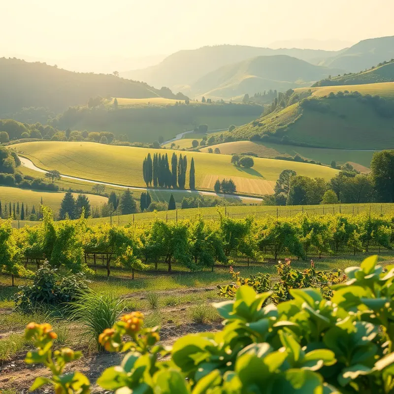 A sunlit landscape showcasing vibrant fruits and vegetables in their natural setting.