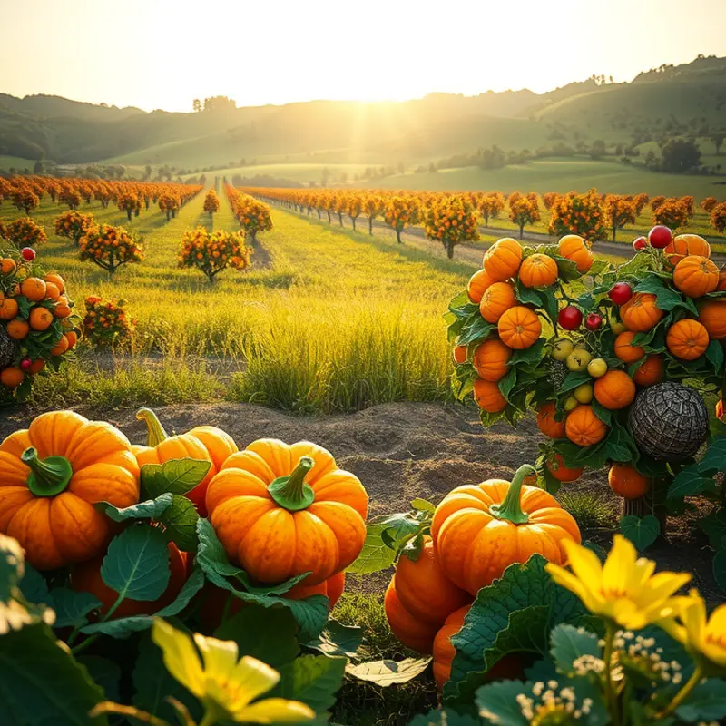 A vibrant orchard teeming with fruits and vegetables, symbolizing the richness of organic food.