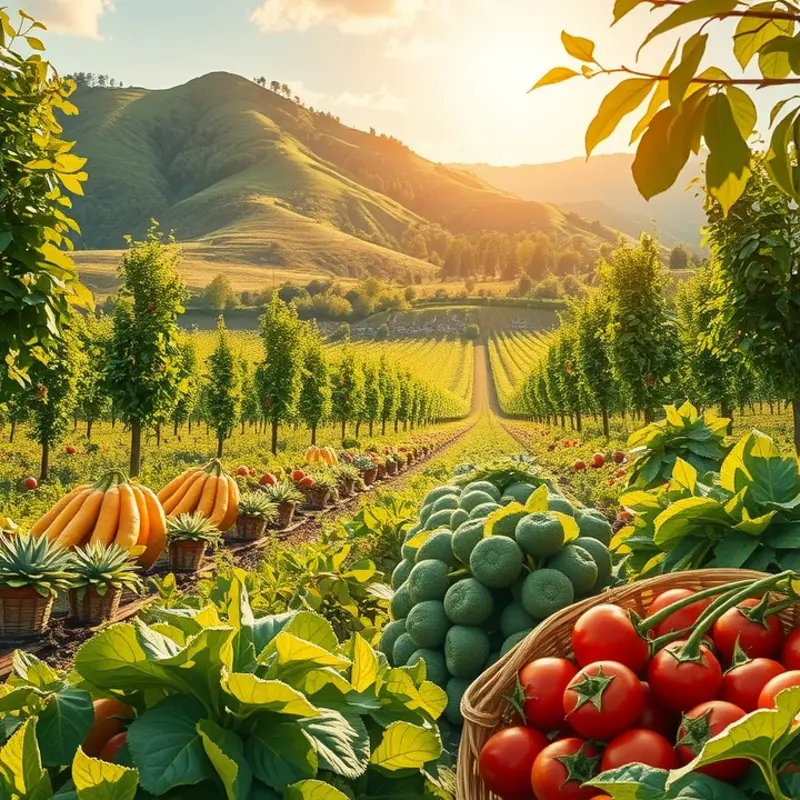 A sunlit orchard showcasing vibrant fruits and vegetables.