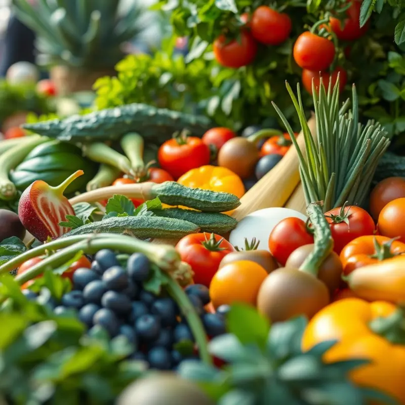 Fresh fruits and vegetables flourishing in a sunlit organic field.