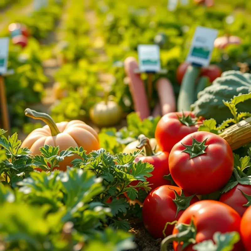 Vibrant vegetables and fruits thriving in a sunlit organic field.