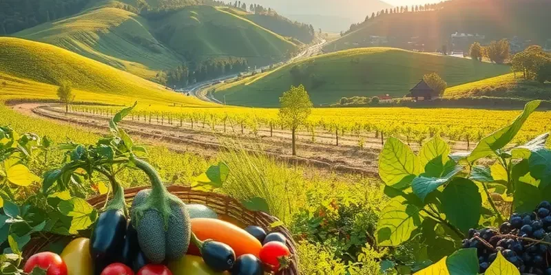 A scenic field filled with fresh, organic produce representing healthy eating.