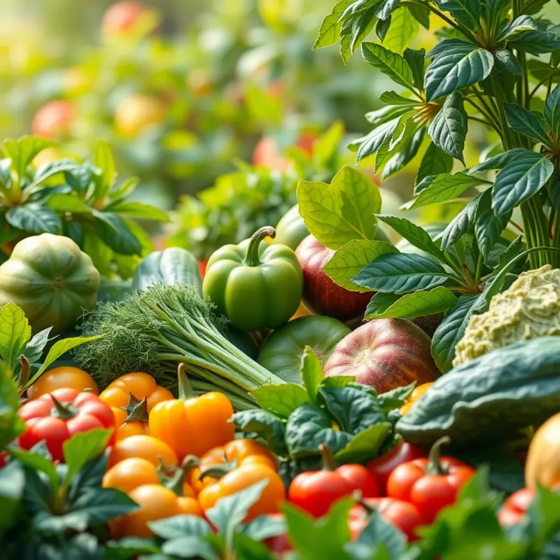 A vibrant landscape showcasing fresh vegetables and fruits in a natural setting, embodying healthy nutrition.