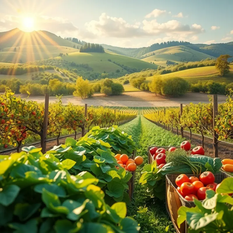 A vibrant sunlit field showcasing an abundance of fresh vegetables and fruits.