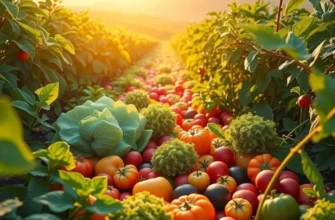 A sunlit field showcasing vibrant vegetables and fruits among lush greenery