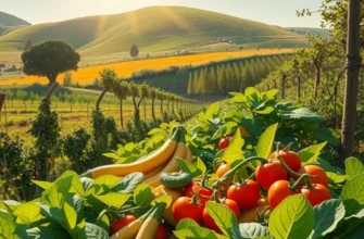 A bright, sunny field filled with vibrant fruits and vegetables reflecting abundance and organic farming.