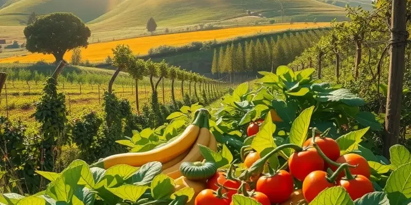 A bright, sunny field filled with vibrant fruits and vegetables reflecting abundance and organic farming.