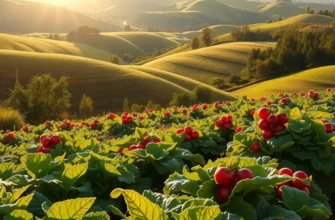 A sunlit field showcasing an organic landscape filled with vibrant fruits and vegetables.