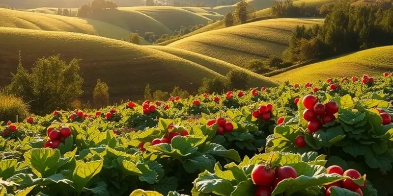 A sunlit field showcasing an organic landscape filled with vibrant fruits and vegetables.