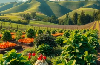 Photorealistic landscape featuring vibrant vegetables in a sunlit field illustrating healthy nutrition.