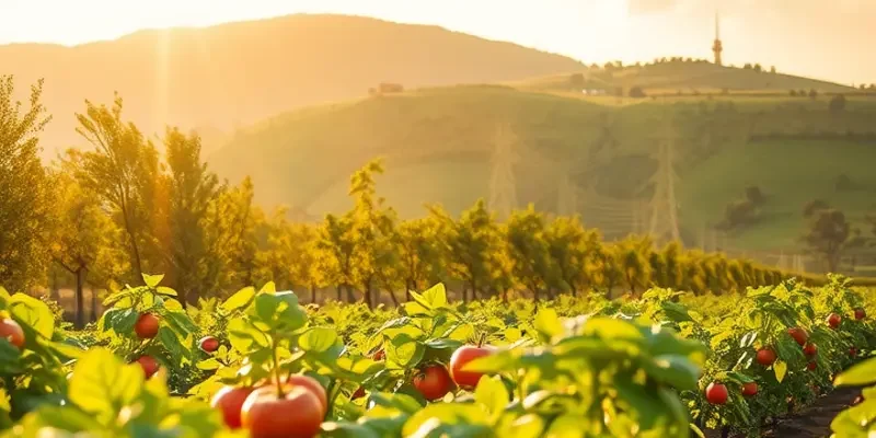 Photorealistic landscape of a sunlit field abundant with healthy fruits and vegetables.
