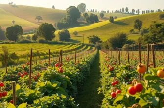A bright, sunlit field showcasing rich growth of fruits and vegetables amidst lush greenery.