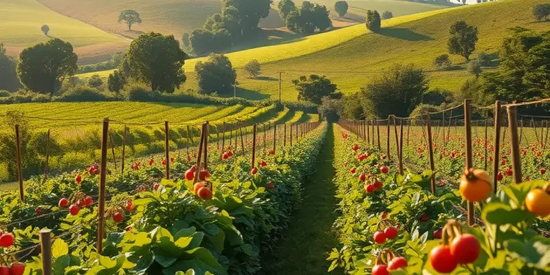 A bright, sunlit field showcasing rich growth of fruits and vegetables amidst lush greenery.