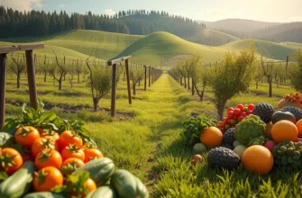 A bright, sunlit landscape filled with nutritious fruits and vegetables in a natural setting.