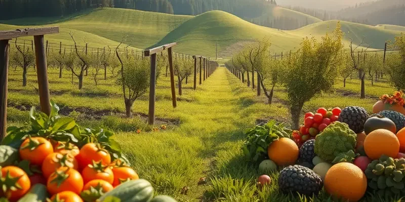 A bright, sunlit landscape filled with nutritious fruits and vegetables in a natural setting.