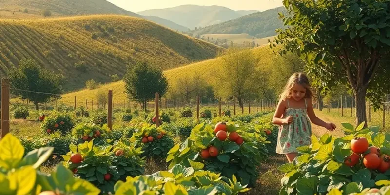 A beautiful sunlit field filled with vegetables and fruits that represent the Pegan diet.