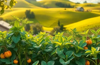 A serene orchard bursting with colorful organic fruits and vegetables.