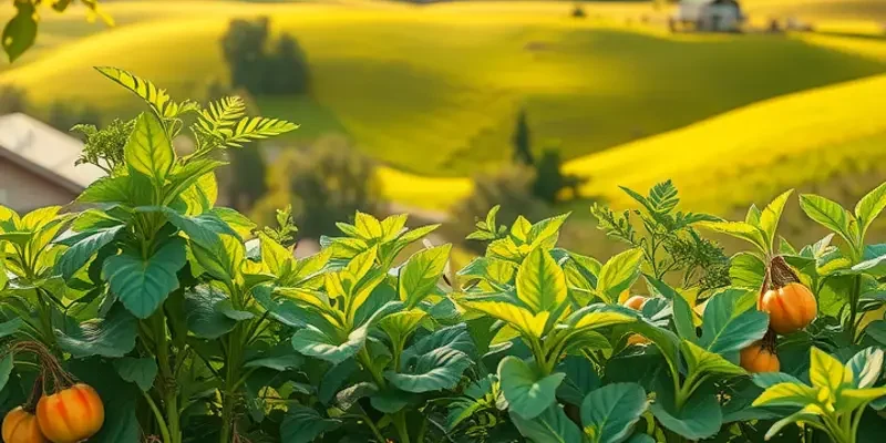 A serene orchard bursting with colorful organic fruits and vegetables.