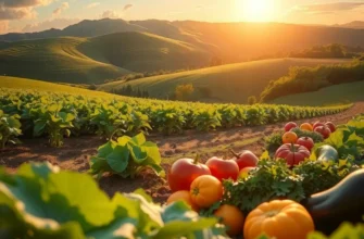 A beautiful sunlit field rich in organic vegetables and grains, showcasing the abundance of nature.