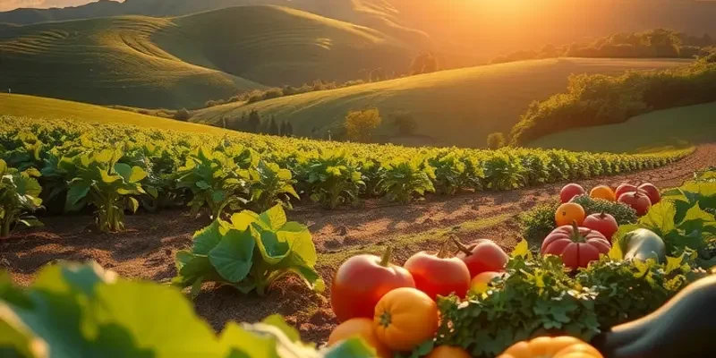 A beautiful sunlit field rich in organic vegetables and grains, showcasing the abundance of nature.