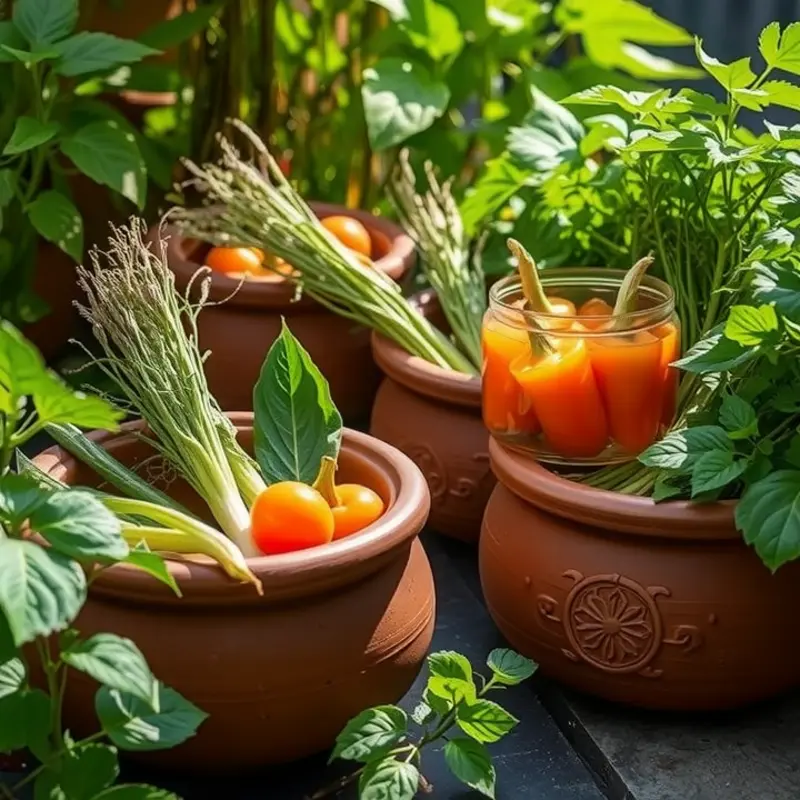 Naturally vibrant vegetables fermenting in clay pots surrounded by lush greenery.