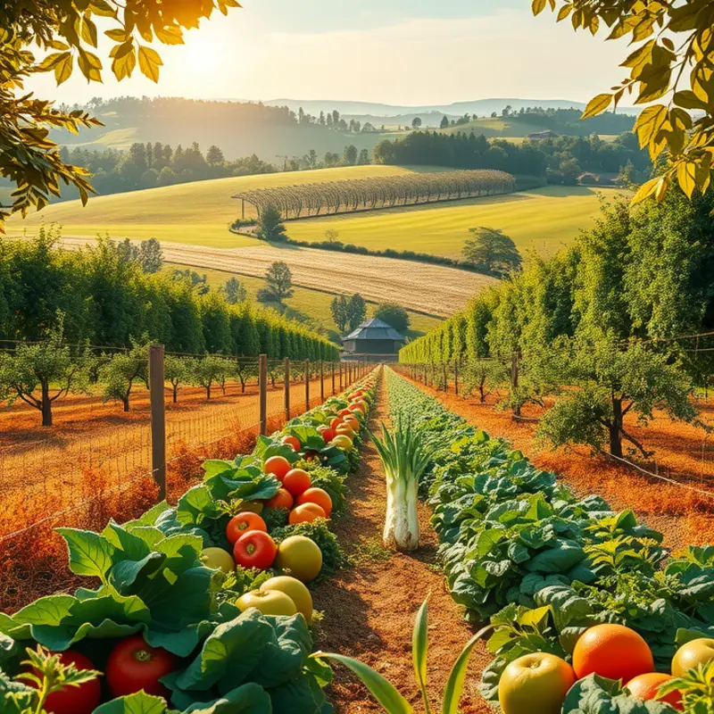 A sunlit landscape of lush greenery where vibrant organic vegetables and fruits flourish.