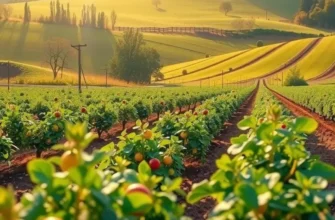 Photorealistic landscape of an expansive field with abundant organic produce under soft, warm light.