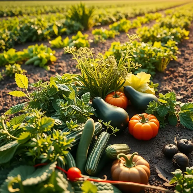 A sunlit field showcasing vibrant vegetables and herbs essential for flavor alternatives in cooking.