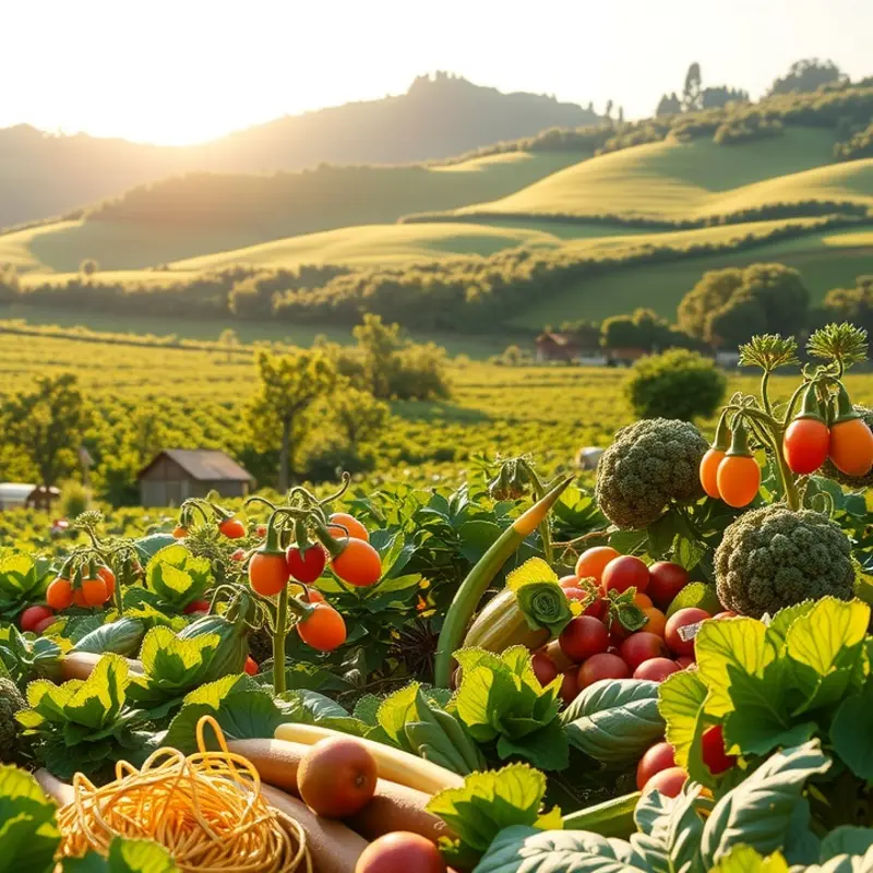 A picturesque sunlit field abundant with vibrant fruits and vegetables indicative of African produce.