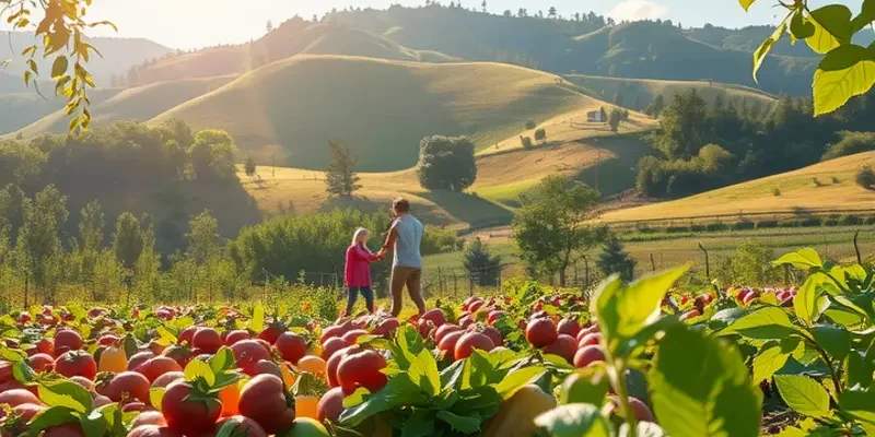 A vibrant orchard filled with fresh produce, representing the connection between food and emotional health.