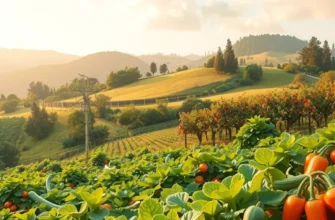 A sunlit landscape showing a variety of ripe fruits and vegetables in a flourishing field.